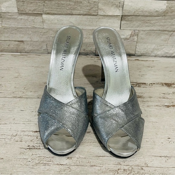 Stuart Weitzman Vintage Silver Glitter Stiletto High Heel Peep Toe Sandals 9M - Picture 4 of 15